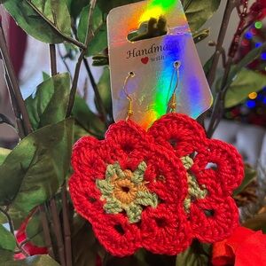 Handmade Red Floral Crochet Earrings